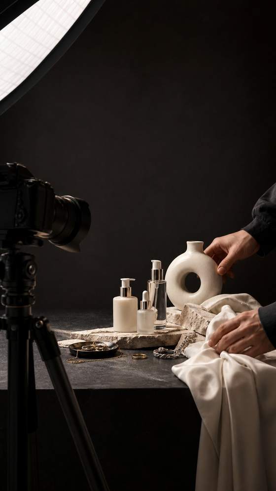 Product photography set with studio lighting